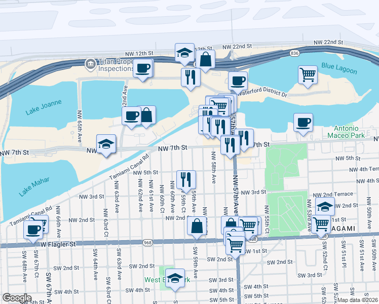 map of restaurants, bars, coffee shops, grocery stores, and more near 650 Northwest 59th Avenue in Miami