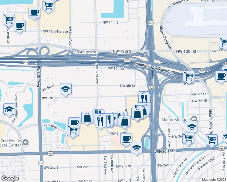 map of restaurants, bars, coffee shops, grocery stores, and more near 8075 Northwest 7th Street in Miami