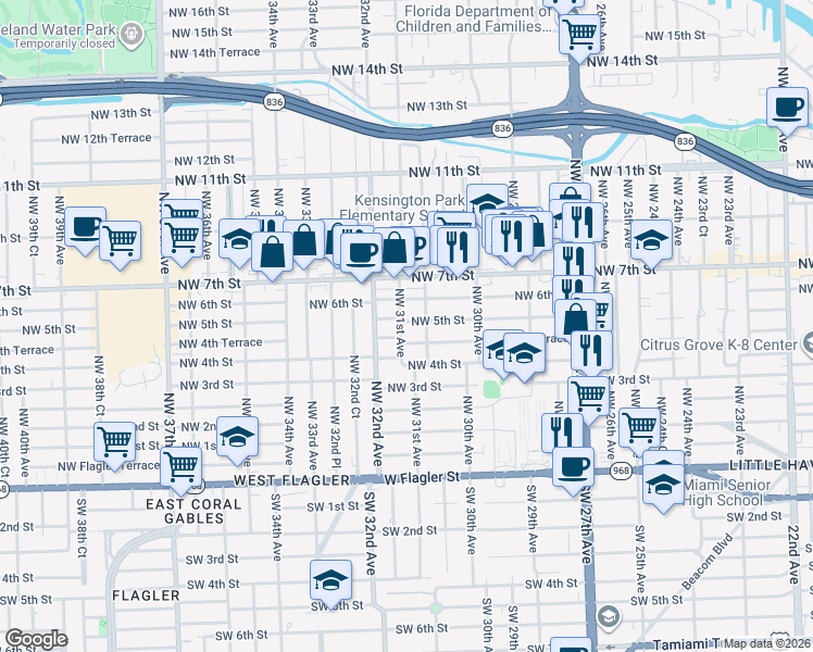 map of restaurants, bars, coffee shops, grocery stores, and more near 480 Northwest 30th Place in Miami