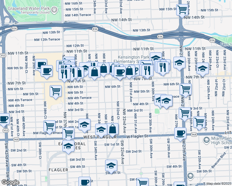 map of restaurants, bars, coffee shops, grocery stores, and more near 460 Northwest 32nd Court in Miami