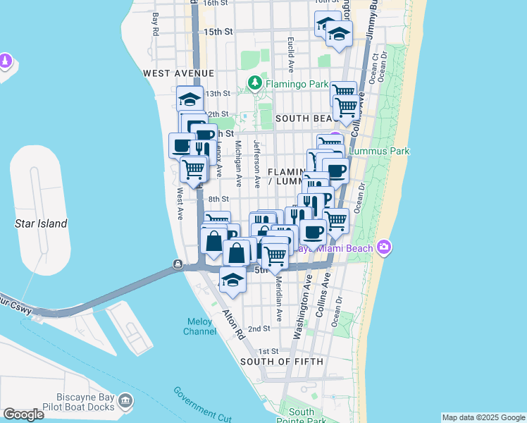 map of restaurants, bars, coffee shops, grocery stores, and more near 726 Jefferson Avenue in Miami Beach