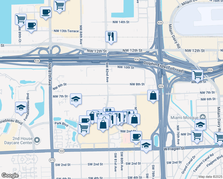 map of restaurants, bars, coffee shops, grocery stores, and more near 8185 Northwest 7th Street in Miami