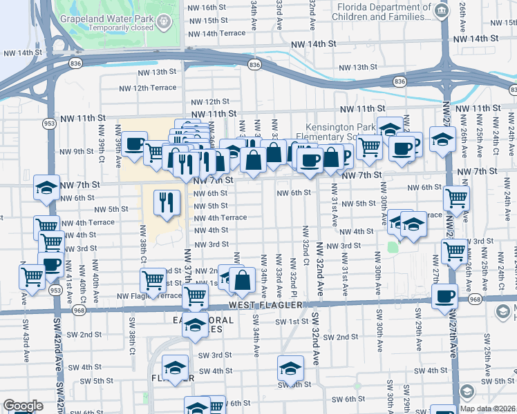 map of restaurants, bars, coffee shops, grocery stores, and more near 3428 Northwest 5th Street in Miami
