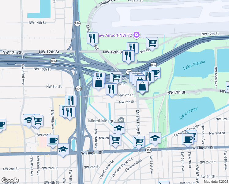map of restaurants, bars, coffee shops, grocery stores, and more near 7403 NW 7th St in Miami