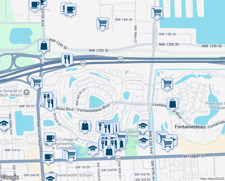 map of restaurants, bars, coffee shops, grocery stores, and more near 9995 Northwest 9th Street Circle in Miami