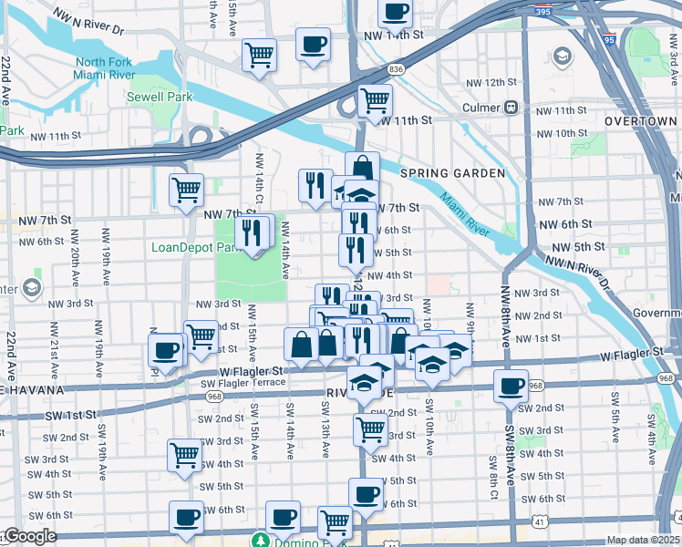 map of restaurants, bars, coffee shops, grocery stores, and more near 1235 Northwest 4th Street in Miami