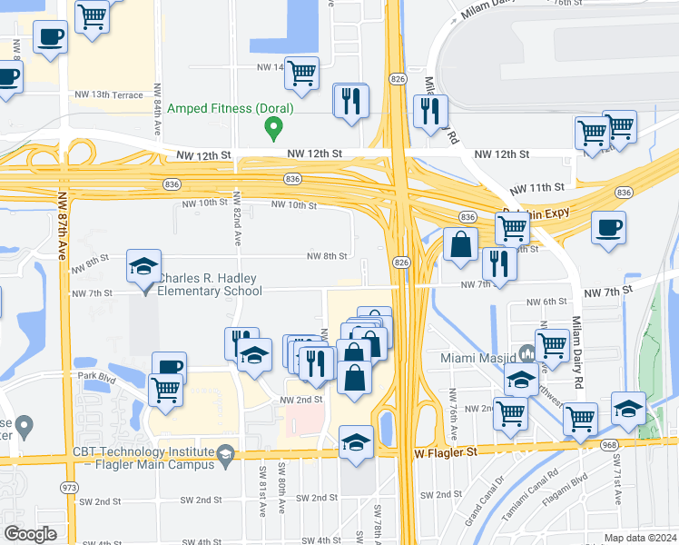 map of restaurants, bars, coffee shops, grocery stores, and more near 7993 Northwest 7th Street in Miami