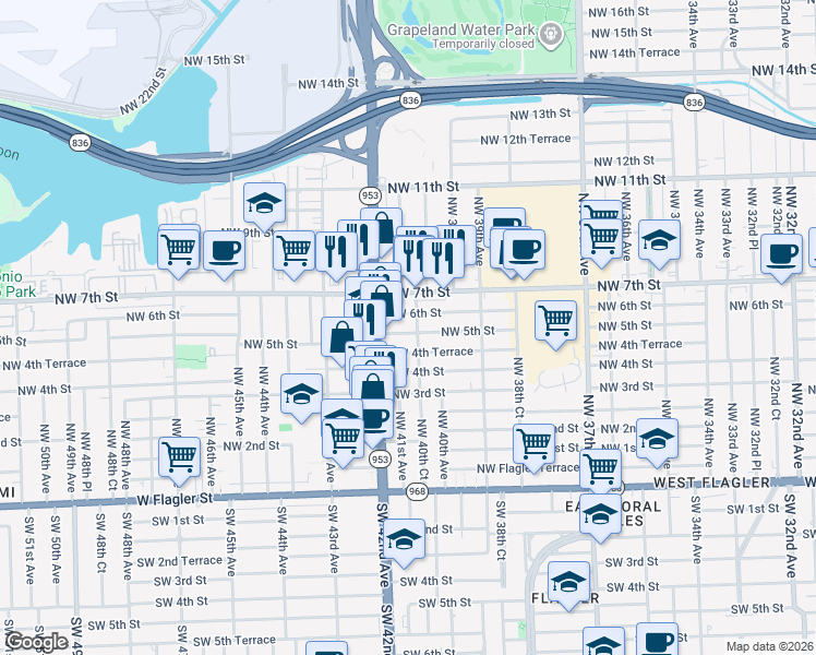 map of restaurants, bars, coffee shops, grocery stores, and more near 4021 Northwest 5th Street in Miami
