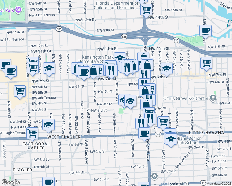 map of restaurants, bars, coffee shops, grocery stores, and more near 3030 Northwest 5th Street in Miami