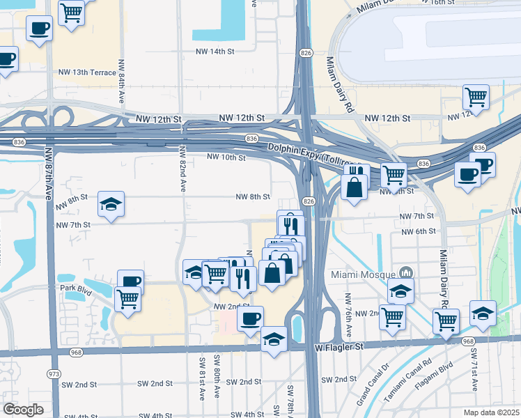 map of restaurants, bars, coffee shops, grocery stores, and more near 7993 Northwest 7th Street in Miami