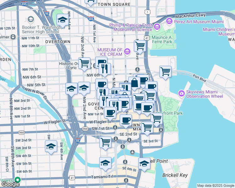 map of restaurants, bars, coffee shops, grocery stores, and more near 301 North Miami Avenue in Miami