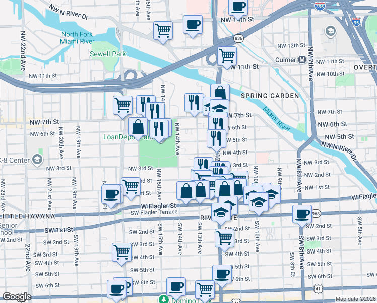 map of restaurants, bars, coffee shops, grocery stores, and more near 1337 Northwest 4th Street in Miami
