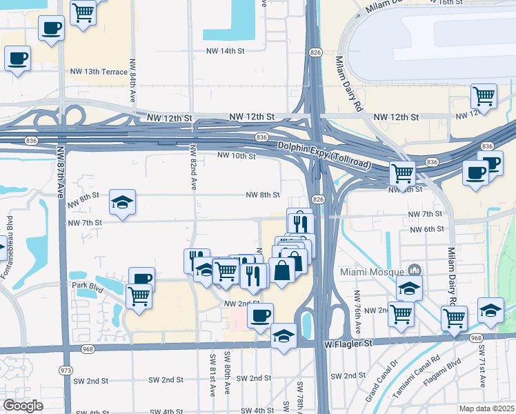map of restaurants, bars, coffee shops, grocery stores, and more near 8025 Northwest 7th Street in Miami
