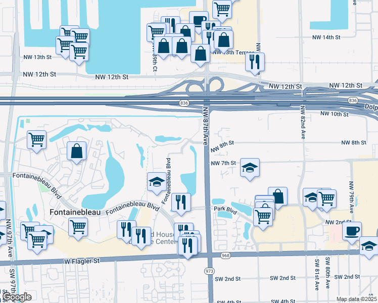 map of restaurants, bars, coffee shops, grocery stores, and more near 8893 Fontainebleau Boulevard in Miami