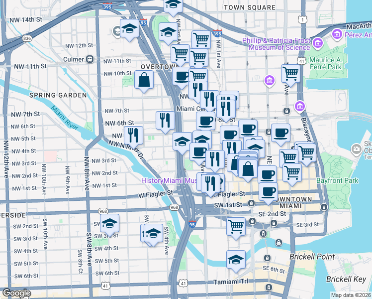 map of restaurants, bars, coffee shops, grocery stores, and more near 331 Northwest 3rd Avenue in Miami