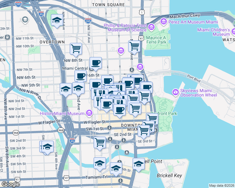 map of restaurants, bars, coffee shops, grocery stores, and more near 300 Northeast 1st Avenue in Miami