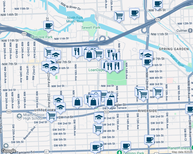 map of restaurants, bars, coffee shops, grocery stores, and more near 420 Northwest 17th Avenue in Miami