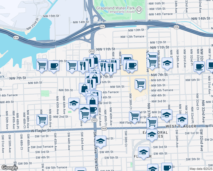 map of restaurants, bars, coffee shops, grocery stores, and more near 4021 Northwest 5th Street in Miami