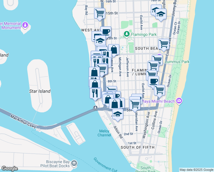 map of restaurants, bars, coffee shops, grocery stores, and more near 725 Alton Road in Miami Beach