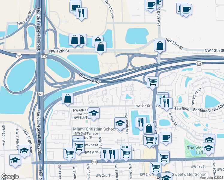 map of restaurants, bars, coffee shops, grocery stores, and more near 11153 Northwest 7th Street in Miami