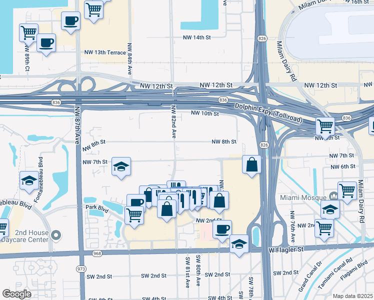map of restaurants, bars, coffee shops, grocery stores, and more near 8185 Northwest 7th Street in Miami