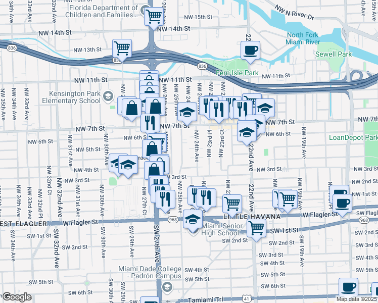 map of restaurants, bars, coffee shops, grocery stores, and more near 2460 Northwest 5th Street in Miami