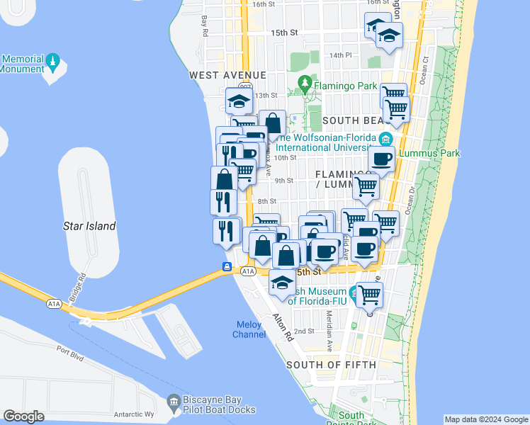 map of restaurants, bars, coffee shops, grocery stores, and more near in Miami Beach