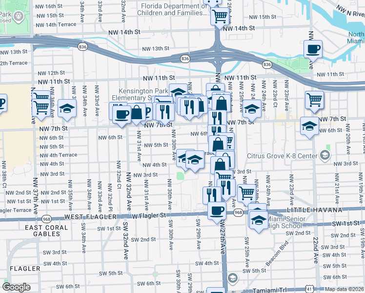 map of restaurants, bars, coffee shops, grocery stores, and more near 2860 Northwest 5th Street in Miami