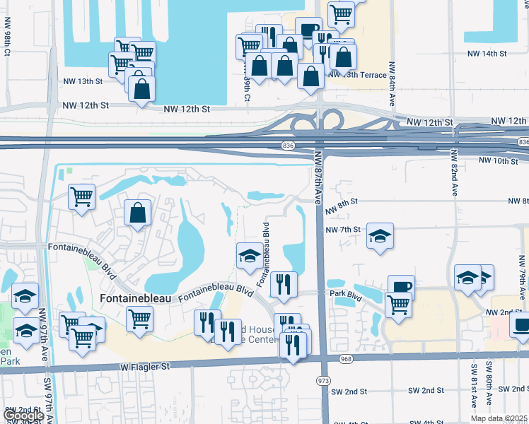 map of restaurants, bars, coffee shops, grocery stores, and more near 8881B Fontainebleau Boulevard in Miami