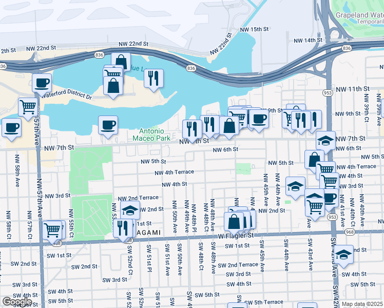 map of restaurants, bars, coffee shops, grocery stores, and more near 592 Northwest 48th Place in Miami