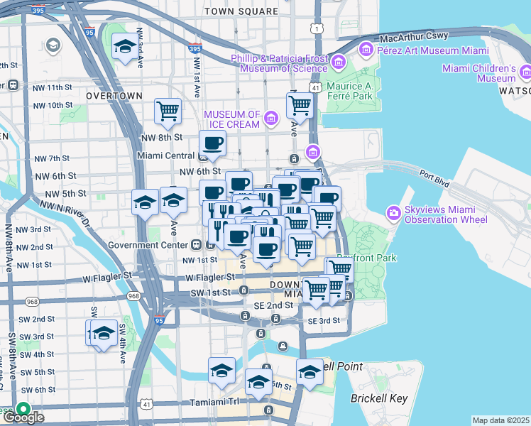 map of restaurants, bars, coffee shops, grocery stores, and more near 300 Northeast 1st Avenue in Miami