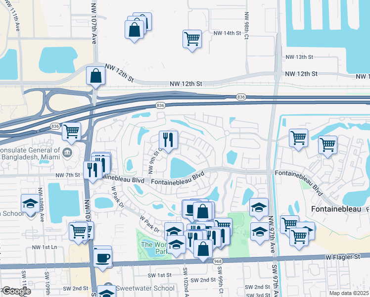 map of restaurants, bars, coffee shops, grocery stores, and more near 10040 Northwest 9th Street Circle in Miami