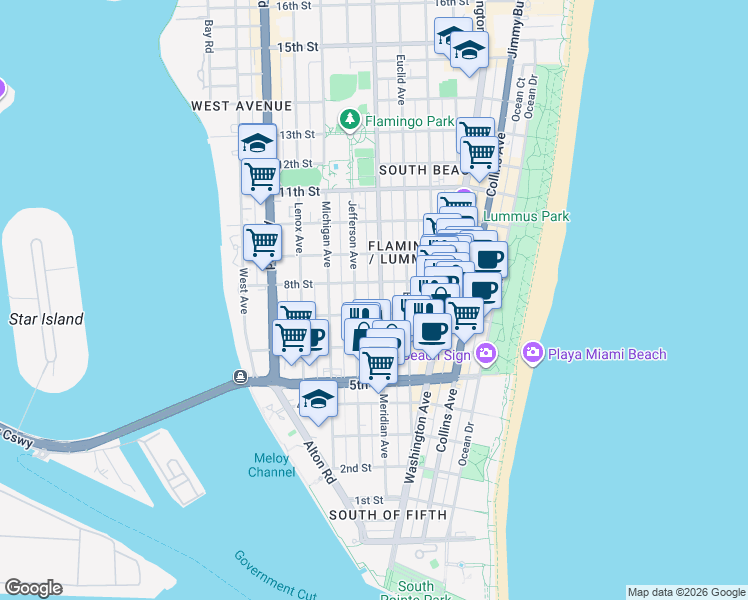 map of restaurants, bars, coffee shops, grocery stores, and more near 719 Meridian Avenue in Miami Beach
