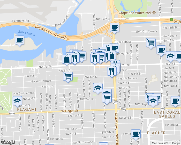 map of restaurants, bars, coffee shops, grocery stores, and more near 535 Northwest 44th Avenue in Miami