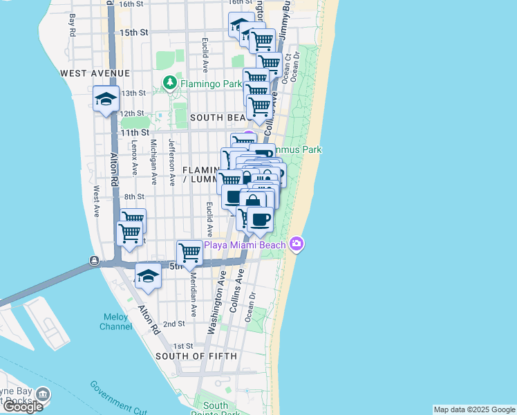 map of restaurants, bars, coffee shops, grocery stores, and more near in Miami Beach