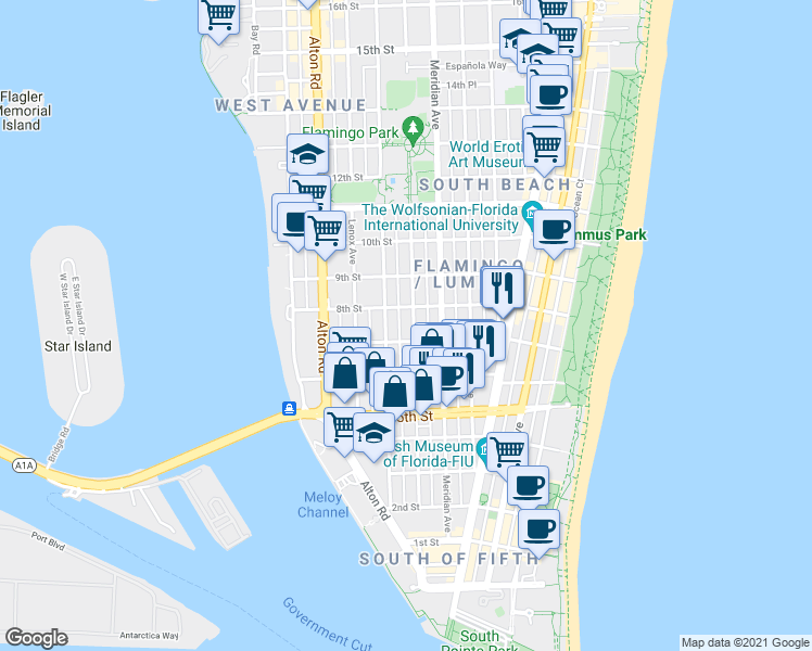 map of restaurants, bars, coffee shops, grocery stores, and more near 726 Jefferson Avenue in Miami Beach