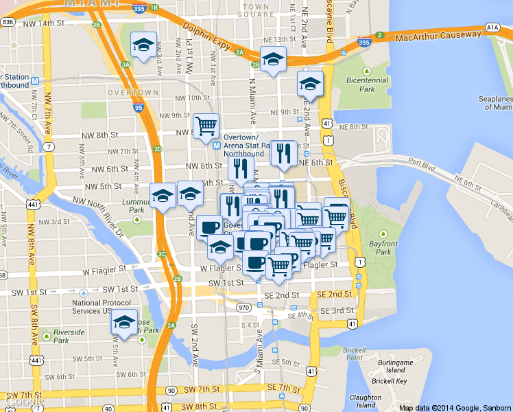 map of restaurants, bars, coffee shops, grocery stores, and more near 301 North Miami Avenue in Miami