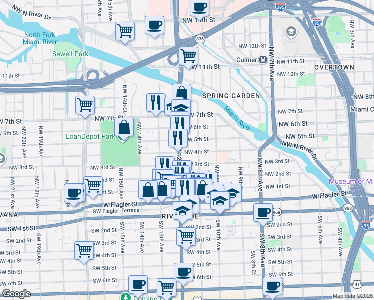 map of restaurants, bars, coffee shops, grocery stores, and more near 1151 Northwest 4th Street in Miami