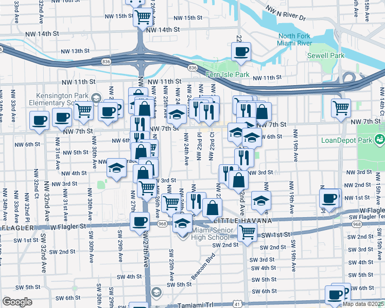 map of restaurants, bars, coffee shops, grocery stores, and more near 450 Northwest 23rd Place in Miami