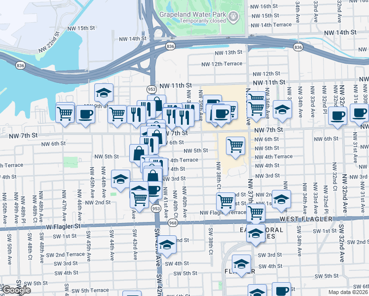 map of restaurants, bars, coffee shops, grocery stores, and more near 4021 Northwest 5th Street in Miami