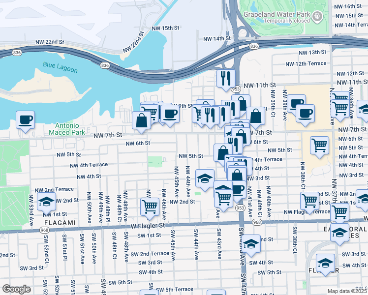 map of restaurants, bars, coffee shops, grocery stores, and more near 535 Northwest 44th Avenue in Miami