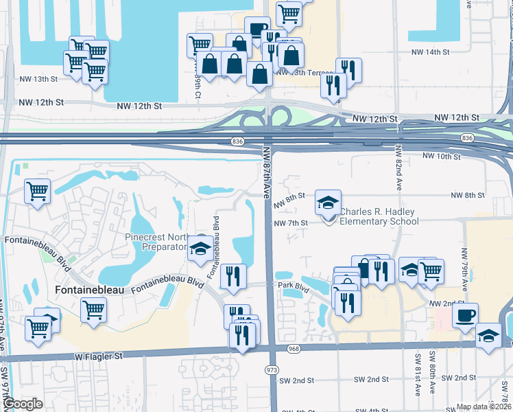 map of restaurants, bars, coffee shops, grocery stores, and more near 10 Northwest 87th Avenue in Miami