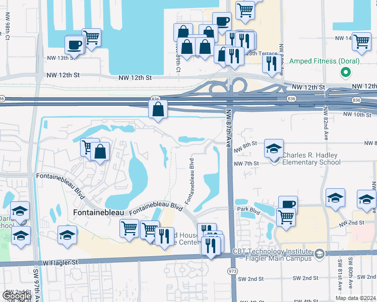 map of restaurants, bars, coffee shops, grocery stores, and more near 8881B Fontainebleau Boulevard in Miami