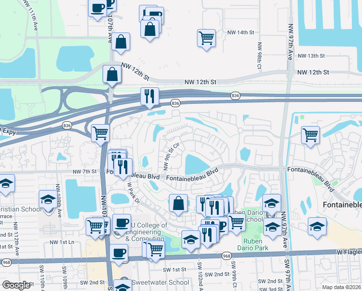 map of restaurants, bars, coffee shops, grocery stores, and more near 10288 Northwest 9th Street Circle in Miami