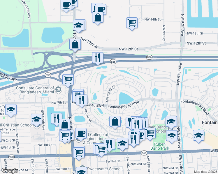map of restaurants, bars, coffee shops, grocery stores, and more near 10303 Northwest 9th Street Circle in Miami