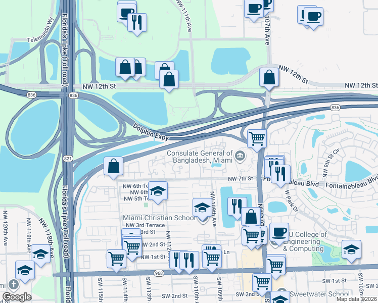 map of restaurants, bars, coffee shops, grocery stores, and more near 11153 Northwest 7th Street in Miami