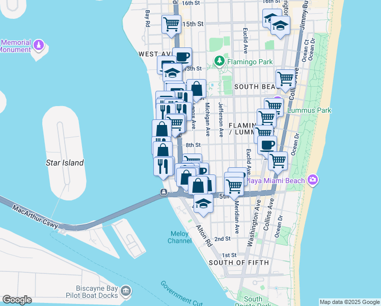 map of restaurants, bars, coffee shops, grocery stores, and more near in Miami Beach