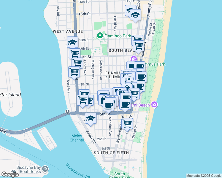 map of restaurants, bars, coffee shops, grocery stores, and more near 719 Meridian Avenue in Miami Beach