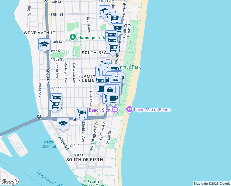 map of restaurants, bars, coffee shops, grocery stores, and more near 740 Ocean Drive in Miami Beach