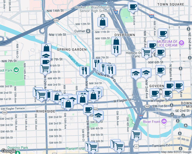 map of restaurants, bars, coffee shops, grocery stores, and more near 377 Northwest South River Drive in Miami
